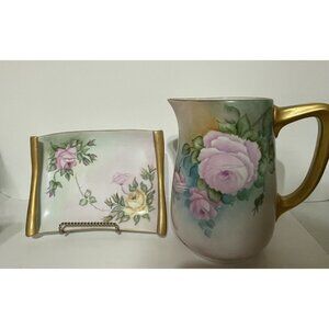 BAVARIA Set Porcelain PITCHER & TRAY Hand Painted. Germany Signed M.Walker 1959